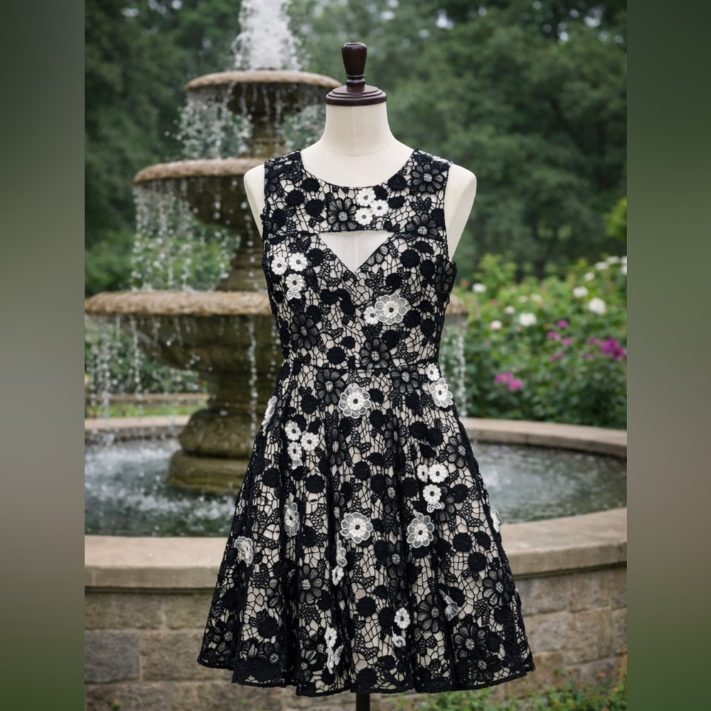 New French Connection Black Floral Fit & Flare Embroidered Dress Sz 6
